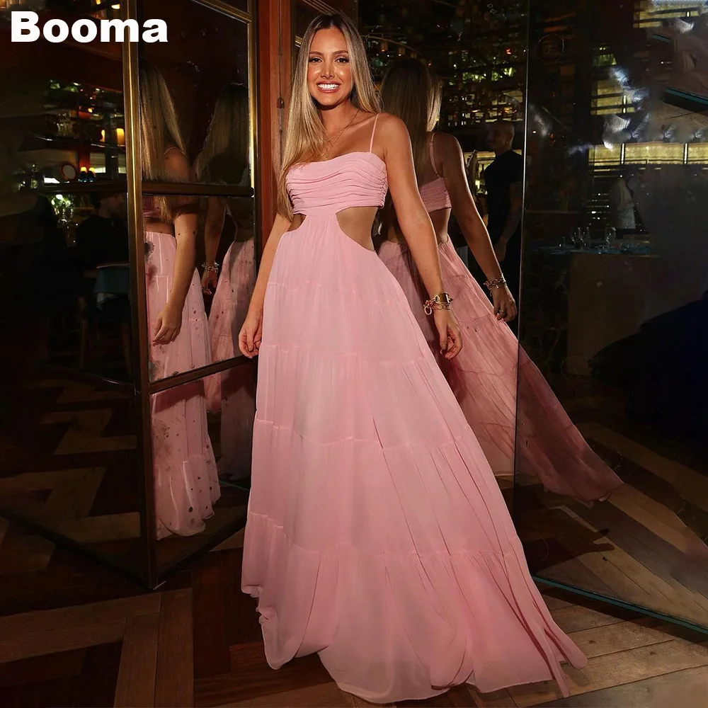 Booma Pink Chiffon A-Line Boho Evening Dresses Ruched Sleeveless Prom Gowns for Women Long Beach Special Occasion Party Dress