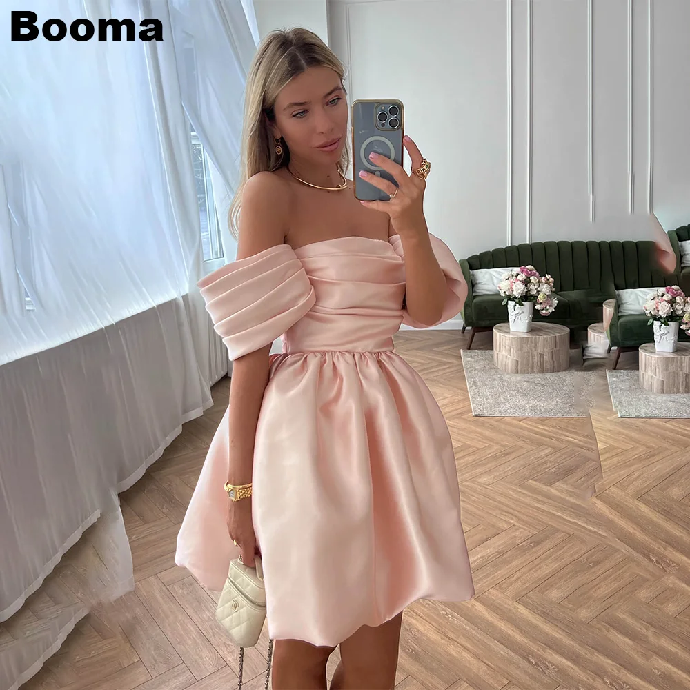 Booma Pink Mini Prom Gowns  Off Shoulder Pleat Ball Gown A-Line Cocktail Dresses Special Occasion Dresses Women’s Birthday Party