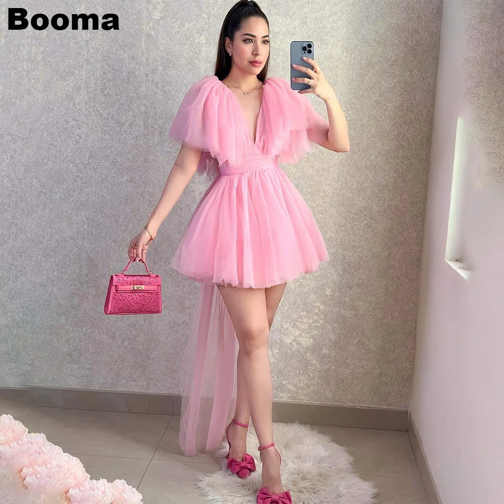 Booma Pink Tulle Cocktail Dresses Short Sleeves Mini Prom Dresses A Line Birthday Party Gowns for Women Special Occasion Dress