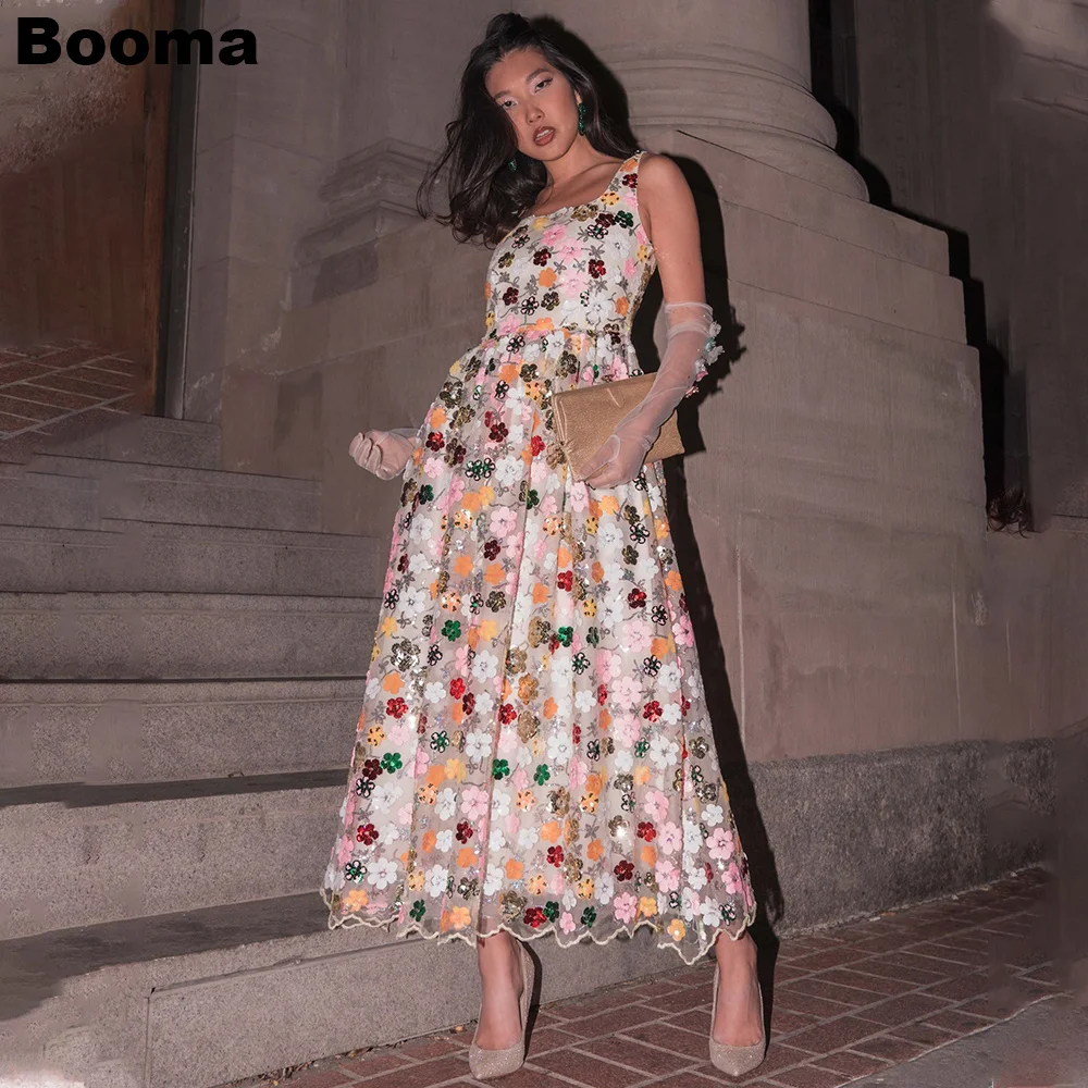 Booma Sequins Floral Midi Prom Dresses Sleeveless Square Collar Homecoming Gown Bithday Party Dress A-Line Special Occasion Gown