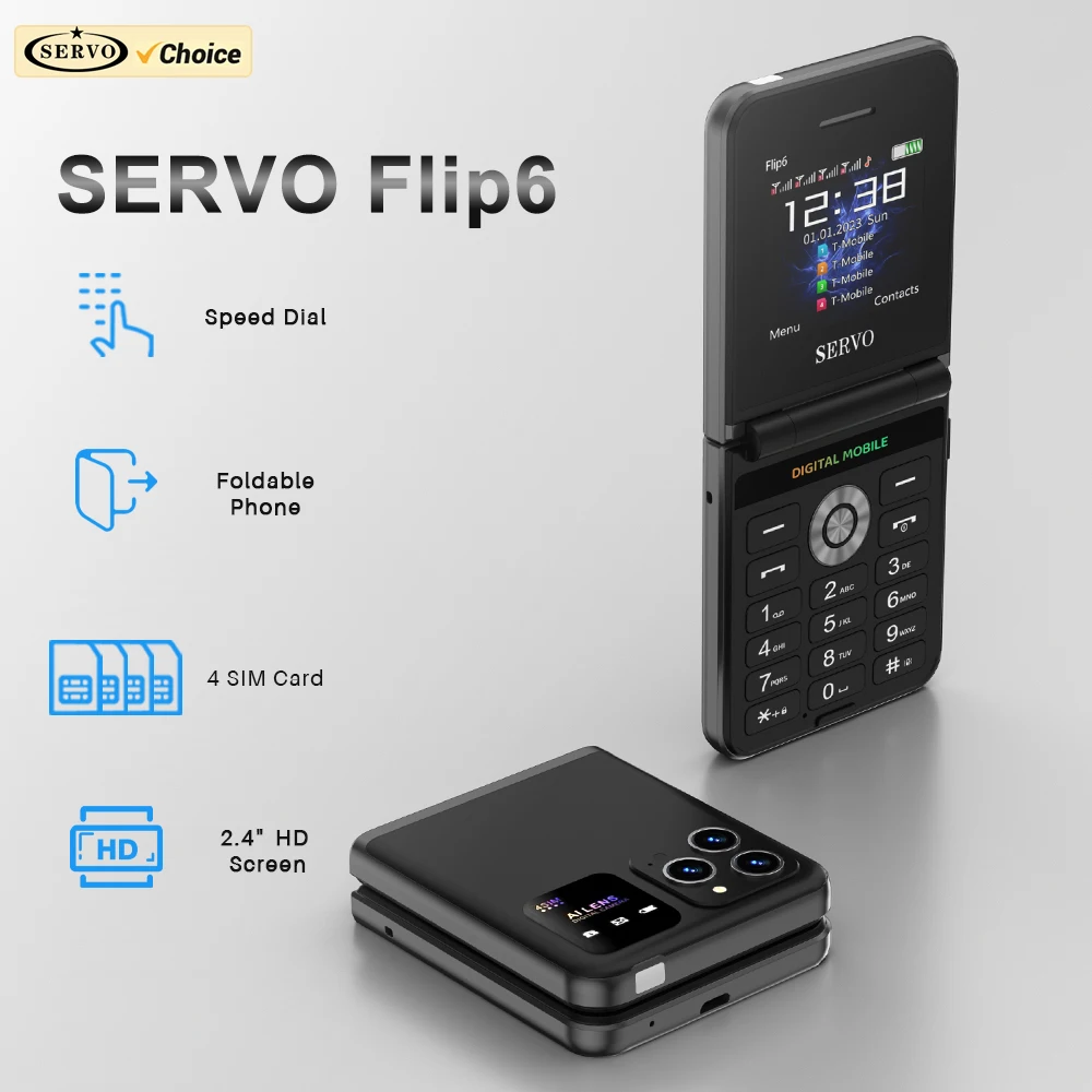 Brand New SERVO Flip6 Mobile Phone 2G GSM 4 Nano SIM Card Magic Voice Auto Call Record Flashlight MP4 Speed Dial Foldable Phones