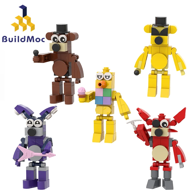 BuildMoc 5Pcs Five Nights Fedy Building Blocks Set FNNAF Action Figures Bo-nie Fre-dy Chi-cca Bricks Toys For Children Kid GIfts