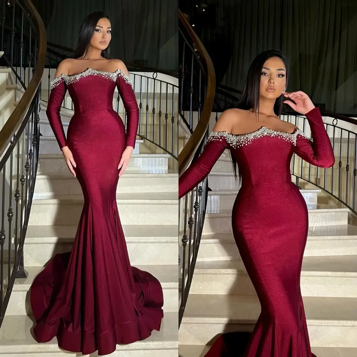 Burgundy Mermaid Prom Dresses Beaded Off Shoulder Formal Evening Dresses Long Sleeves Party Dress For Special Occasions Gowns