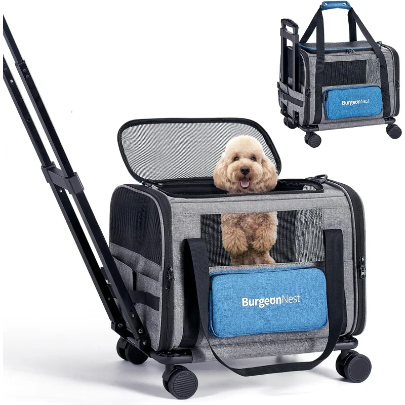 Cat Carrier with Wheels, Airline Approved Pet Carrier for Cats Dogs 15 lbs with Telescopic Handle, Small Dog Carrier