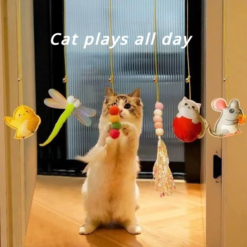 Cat Self-relaxation Toys Swing Hanging Elastic Feather Cat Stick Bell Little Mouse Dragonfly Pet Cat Supplies