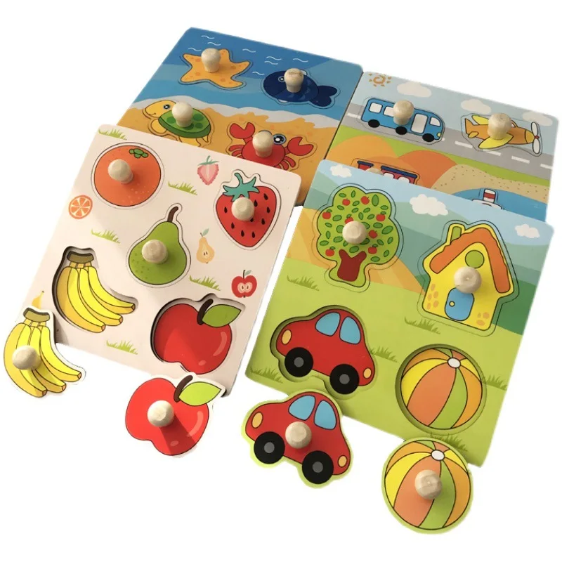 Children Hand Scratch 3D Wooden Board Baby Cartoon Montessori Early Education Farm Fruit Cognitive Puzzle Toy