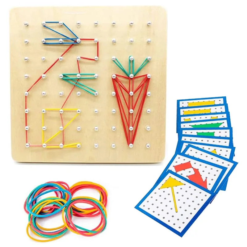 Children Math Wooden Creative Toy Set Geometric Shape Nail Board with Rubber Bands Kids Early Educational Puzzle Montessori Game