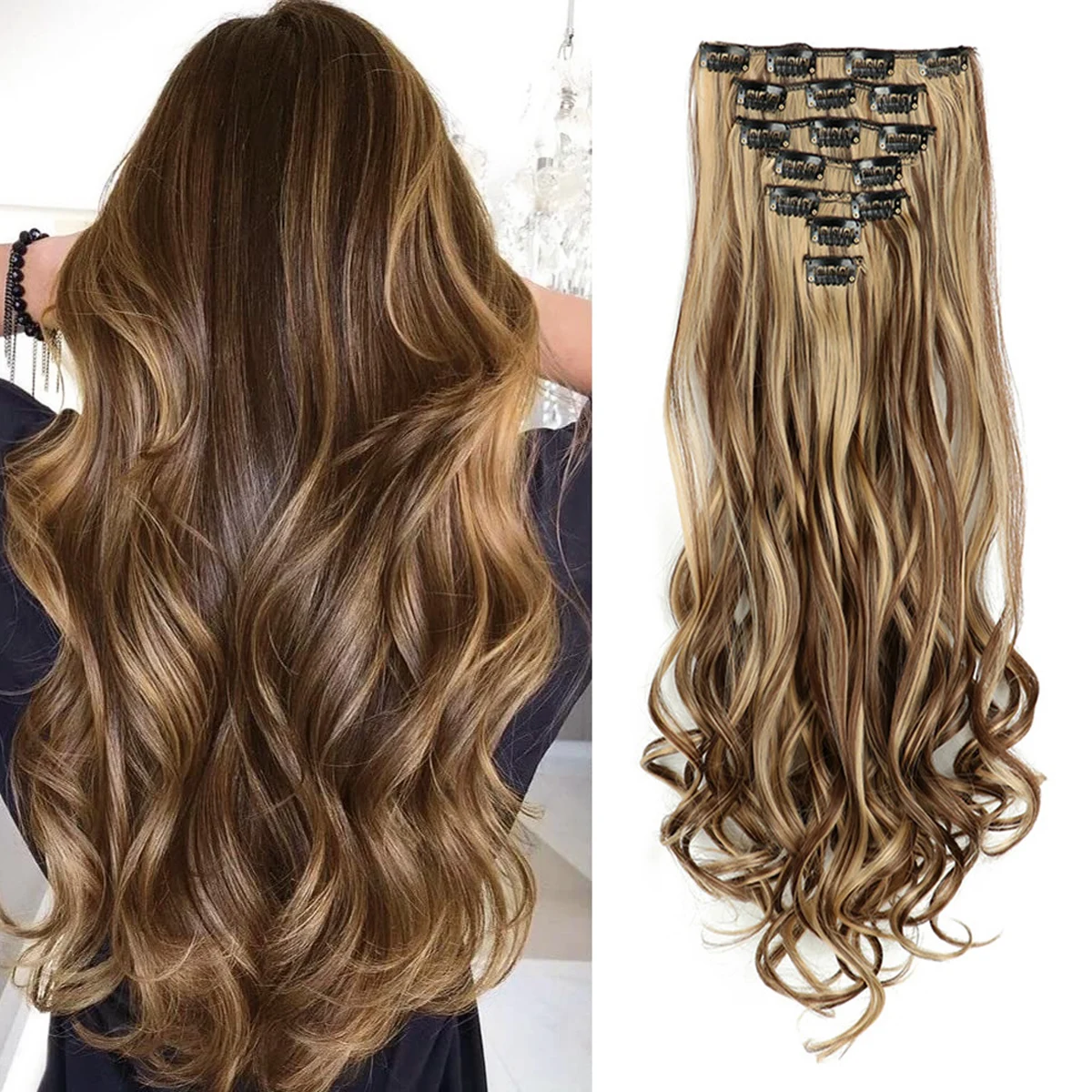 Clip in Hair Extensions 7PCS Synthetic Highlight Soft Long Wavy Hair Extensions 22Inch Thick Hairpiece Hair Extensions For Women