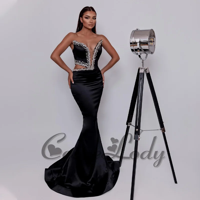 Comelody Special Occasion Dresses For Women Luxury Saudi Arabric Deep V-Neck Cut- Out Straight Crystals Backless Custom Made