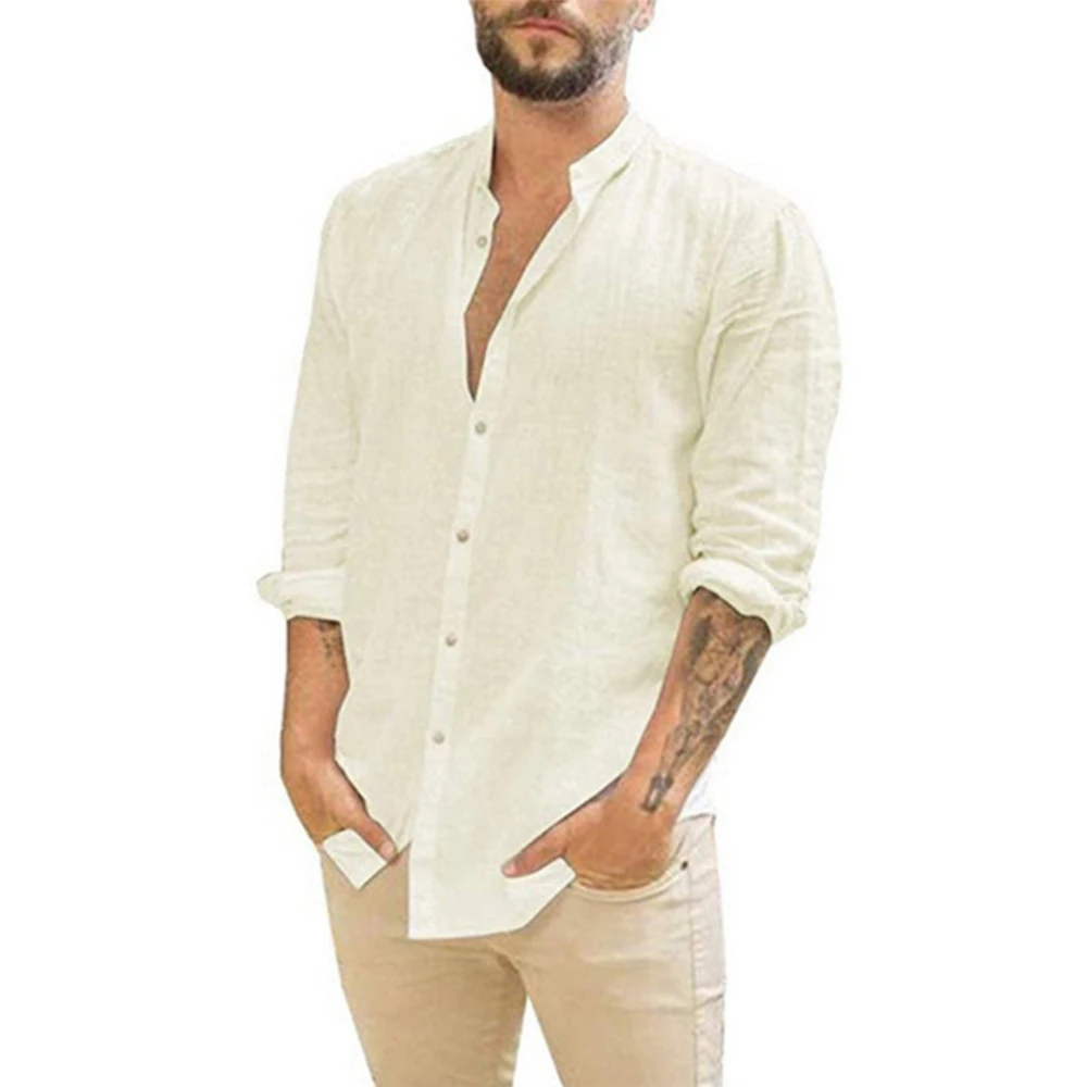 Cotton Linen Hot Sale Men’s Long-Sleeved Shirts Summer Solid Color  Stand-Up Collar Casual Beach Style Plus Size