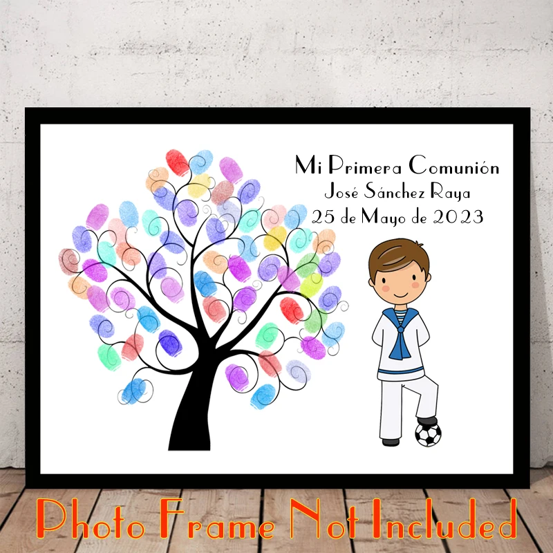 Custom Theme Name Date Baby Boy and Football Fingerprint DIY Tree Painting For Kids First Communion Souvenir Gift (No Frame)