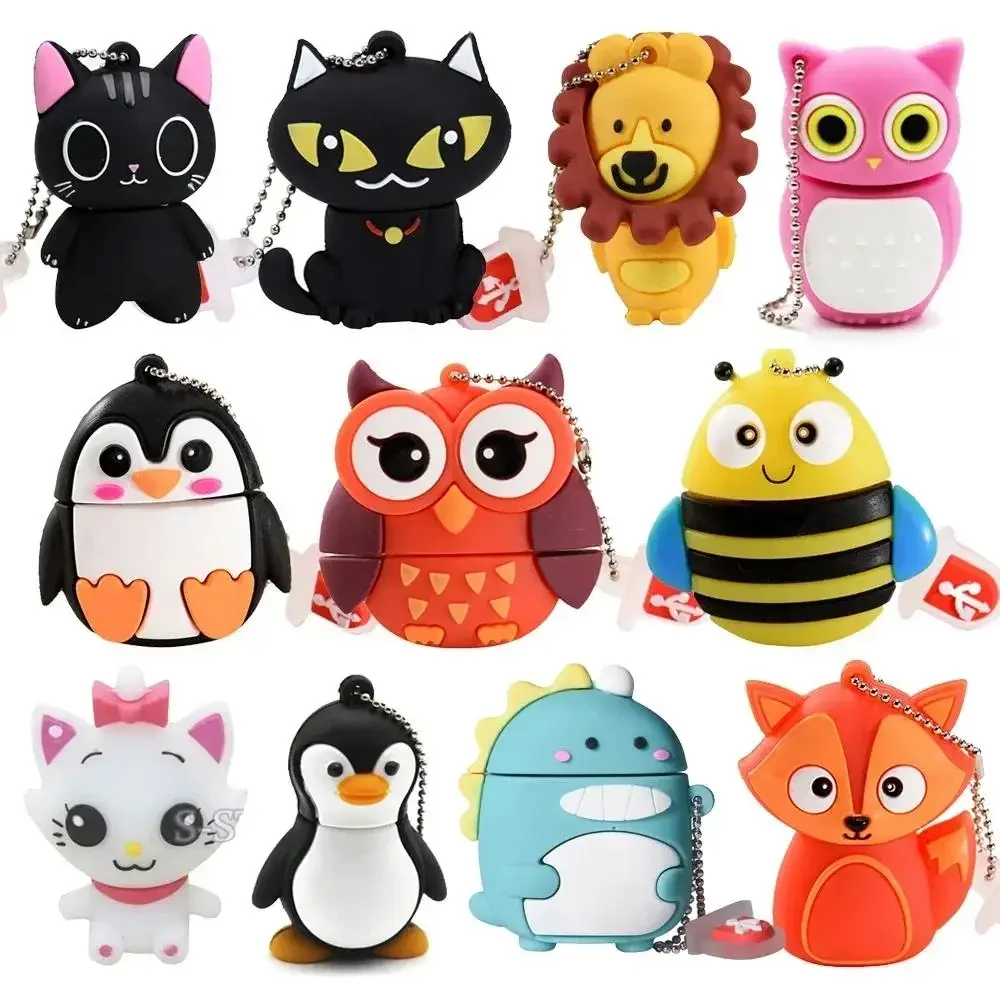 Cute Cartoon Animal Penguin Cat Owl 64GB USB Flash Drive 8GB 16GB 32GB Lion Pendrive USB 2.0 Memory Stick Dinosaur Pen Drive