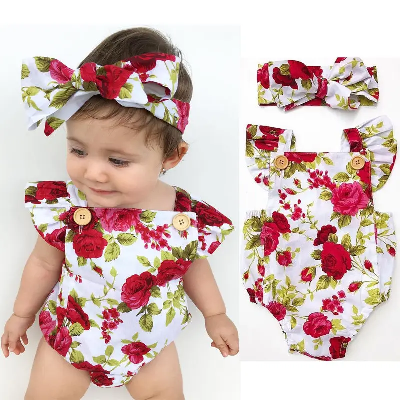 Cute Floral Romper 2pcs Baby Girls Clothes Jumpsuit Romper+Headband 0-24M Age Ifant Toddler Newborn Outfits Set Hot Sale