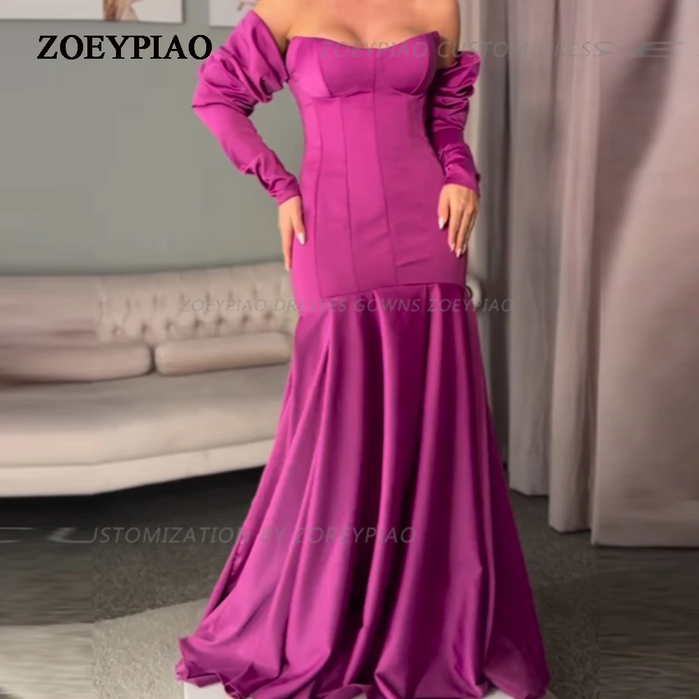 Dark Purple Mermaid Satin Full Sleeves Evening Dress Strapless Custom Formal Special Occasion Party Prom Gown Dresses Vestidos