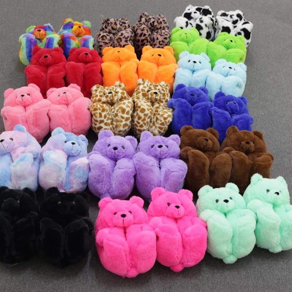 Designer Bear Indoor Shoes Slides for Female Fun Cute Animal Winter Fur House Women Slipper Ladies Teddy Bear Plush Slippers