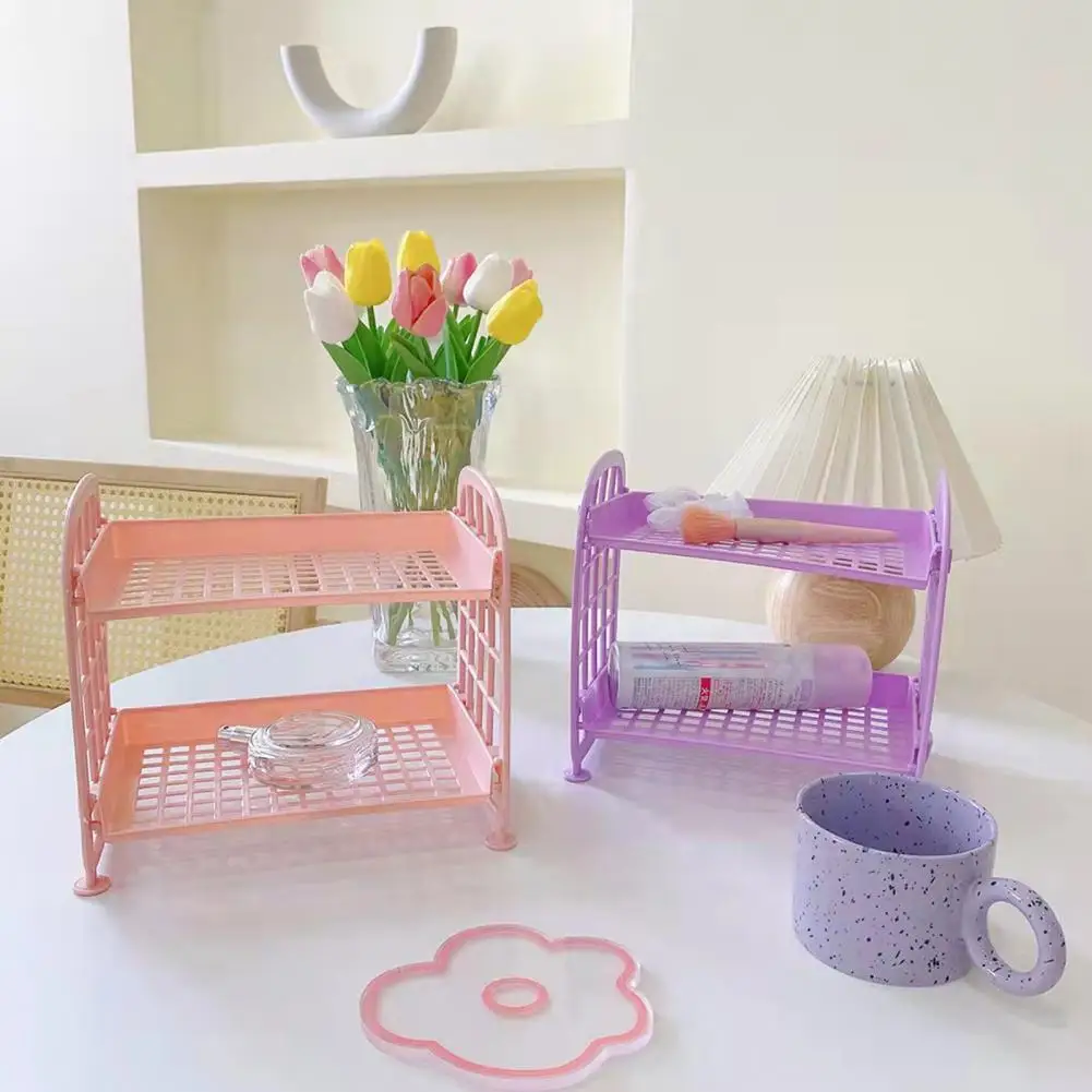 Desktop Organizer Hollow-out Design Double-layer Macaron Color Minimalist Desk Student Dormitory Folding Shelf for Home