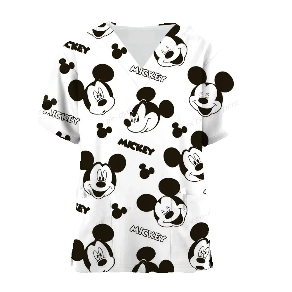 Disney Mickey Mouse Print Nurse Medical Uniforms V-neck Short Sleeve Pocket Workwear Top Scrubs Medical Accessories Uniform