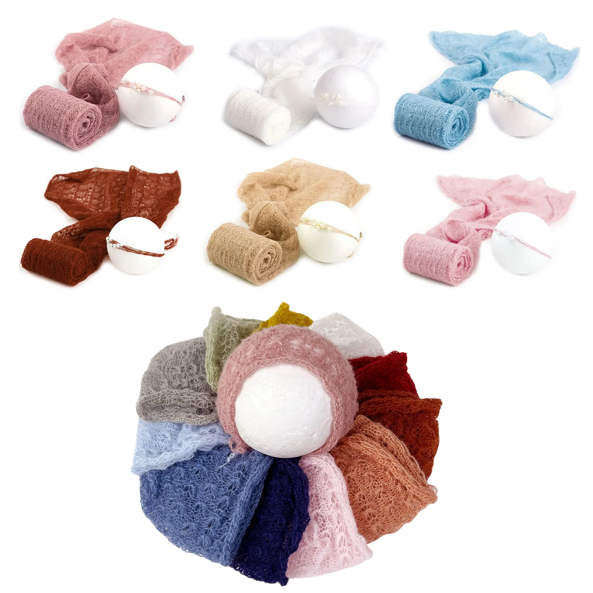 Don&Judy Newborn Soft Stretch Wrap Headwear Set Hat Cap Baby Photography Prop Outfit Handmade Knit Mohair Bonnet 2pcs Sets New