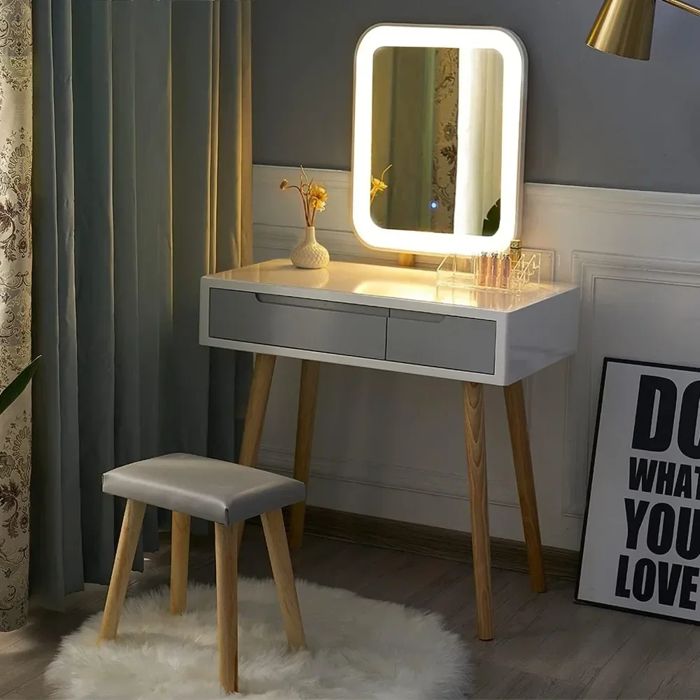 Drawer Table with Adjustable Brightness Mirror and Cushioned StoolMakeup Table with Free Make-up Organizer Vanity Desk