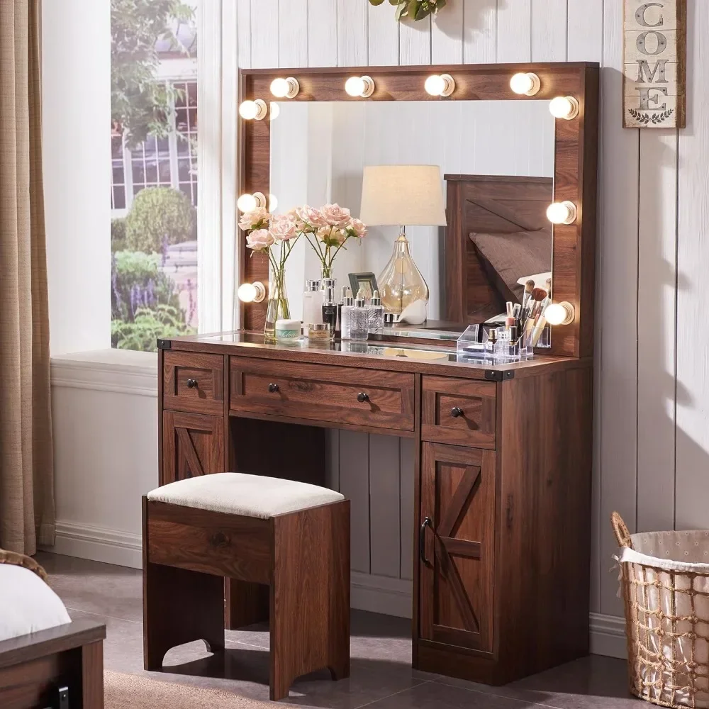 Drawer Table with Lighting Mirror and Lights, Dressing Table Set with 3 Drawers&2 Cabinets,Stool Included 43