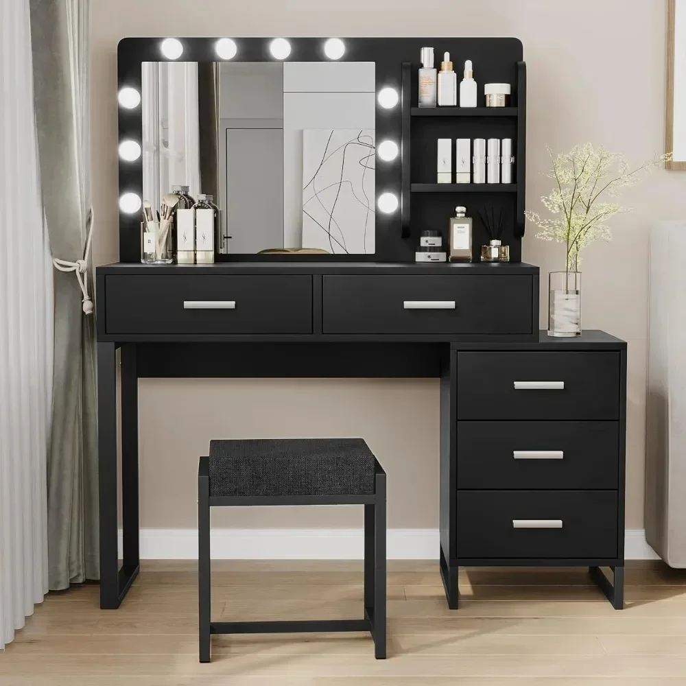 Dresser, with Mirror and 10 LED Lights, with 2 Drawers and Chairs, with 3 Mirrors and Stools, with Gold Metal Frame Vanity Desk