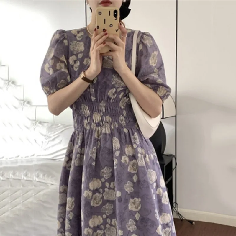 Dresses for Women Summer Purple Floral Print Korean Short Sleeve Midi Dress Robe Female Elegant Fashion Ladies Clothes Vestido