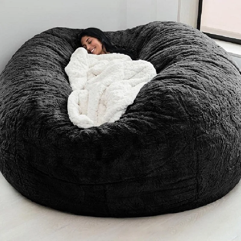 Dropshipping giant fur bean bag cover big round soft fluffy faux fur beanbag lazy sofa bed cover living room furniture