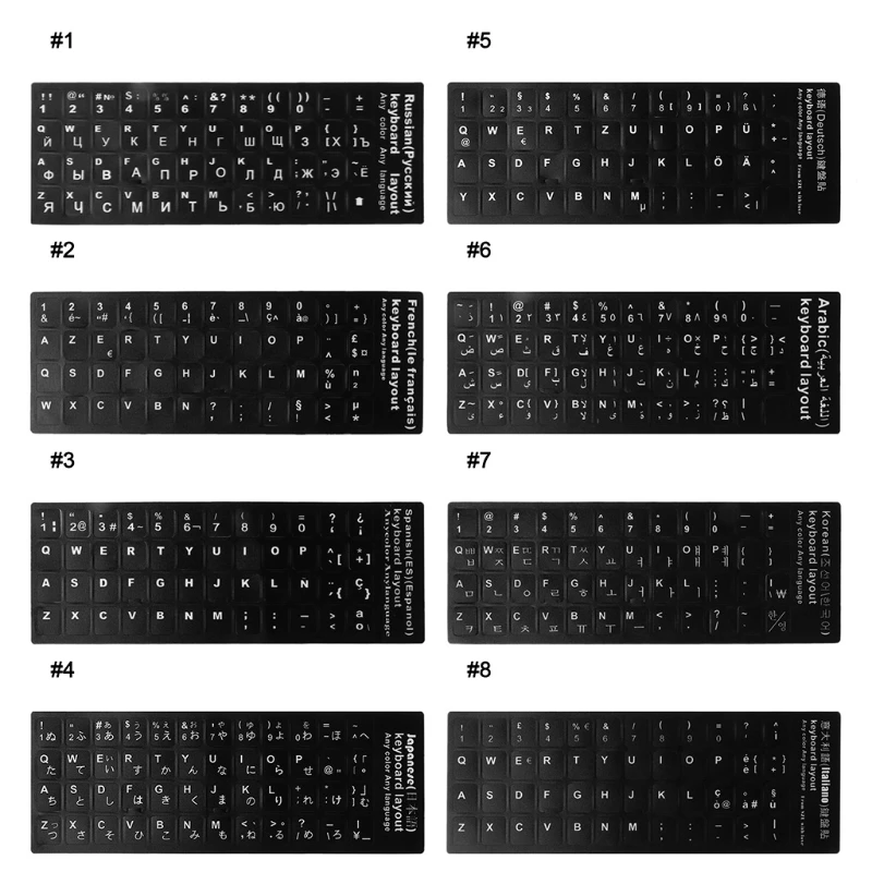 Durable Russian/French/Spanish/Japanese/German/Arabic/Korean/Italian Keyboard Language Sticker Black Background with White P9JD