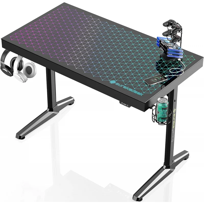 EUREKA ERGONOMIC RGB LED Gaming Desk, Music Sync Lights Up Tempered Glass Desktop, 43