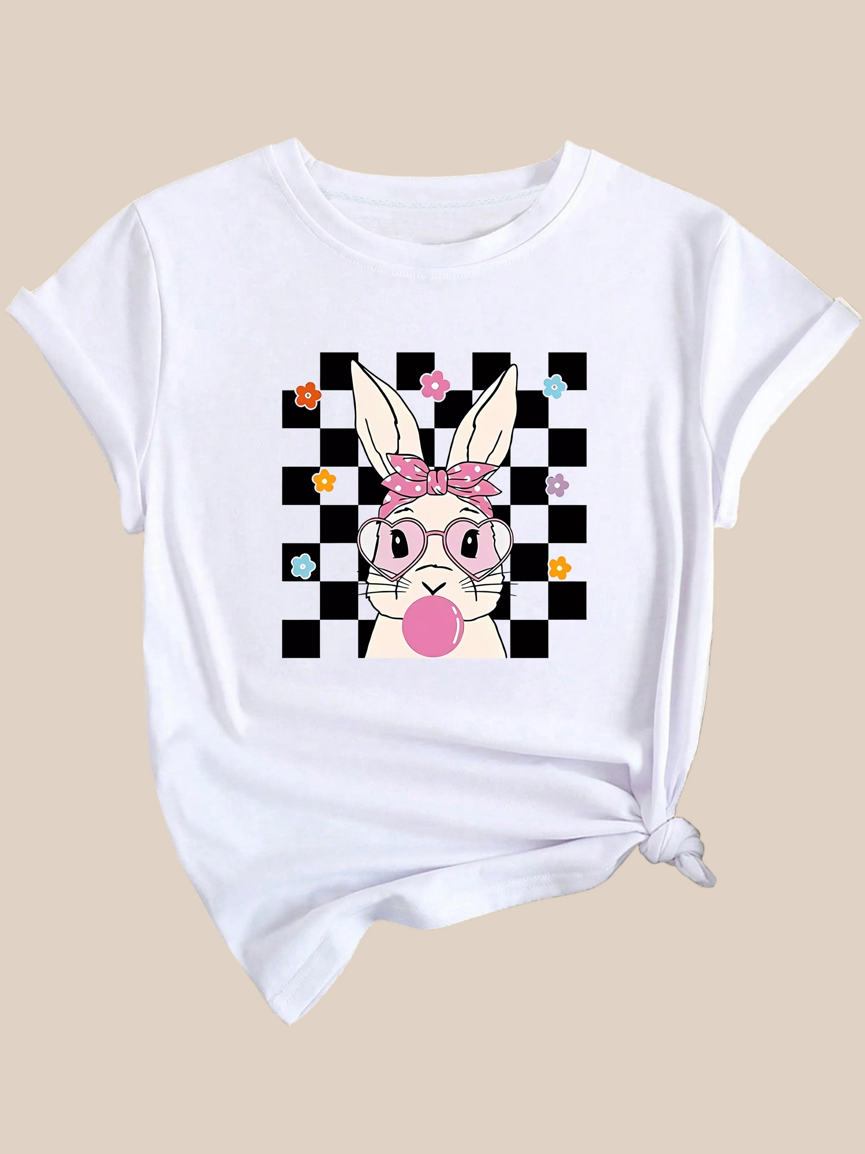 Easter Plaid Rabbit Print Workout T-Shirt, Short Sleeve Crew Neck Casual Sports Tee, Women’s Clothing