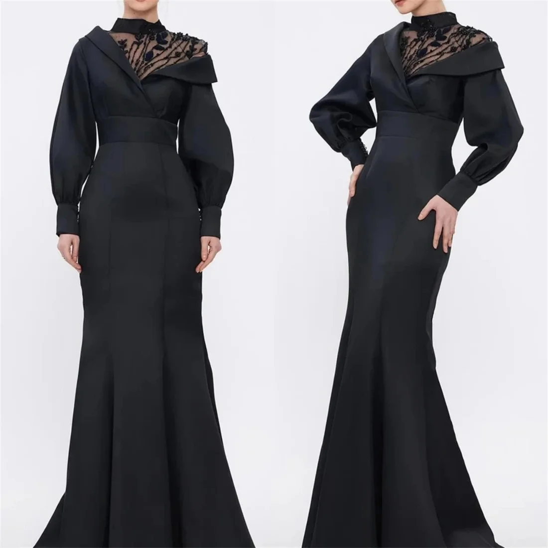 Elegant Black High Collar Prom Dress Long Sleeves Mermaid Party Evening Dress Floor-Length Special Occasion Gowns