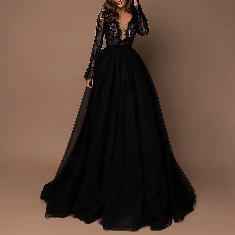 Elegant Long Prom Dresses for Women Lace V-Neck Illusion Floor-Length A-Line Evening Party Special Events Wedding Guest Dress