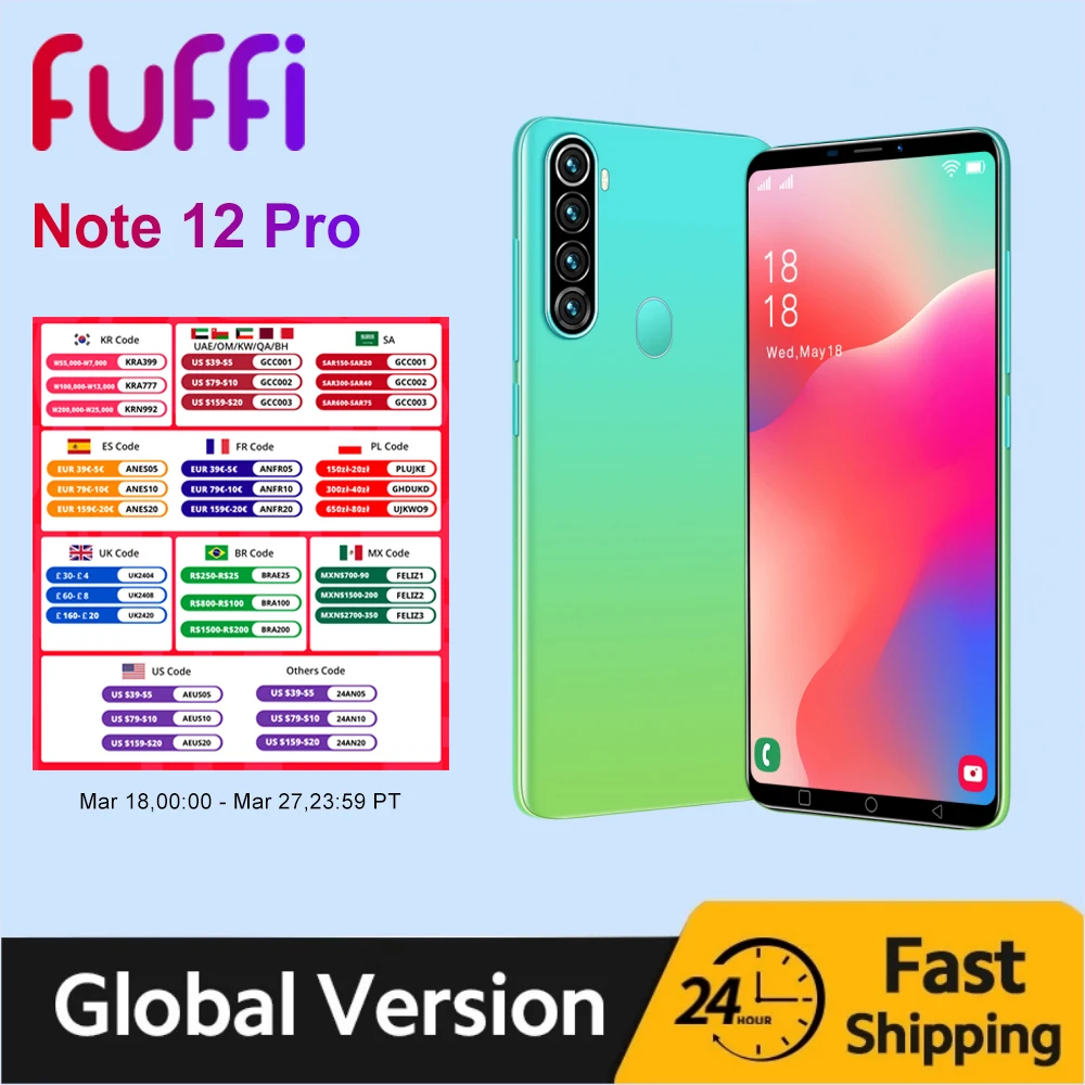 FUFFI Note 12 Pro Smartphone Android 5.0 inch 16GB ROM 2GB RAM Mobile phones Dual SIM 2+8MP Camera Quad Core Original Cellphones