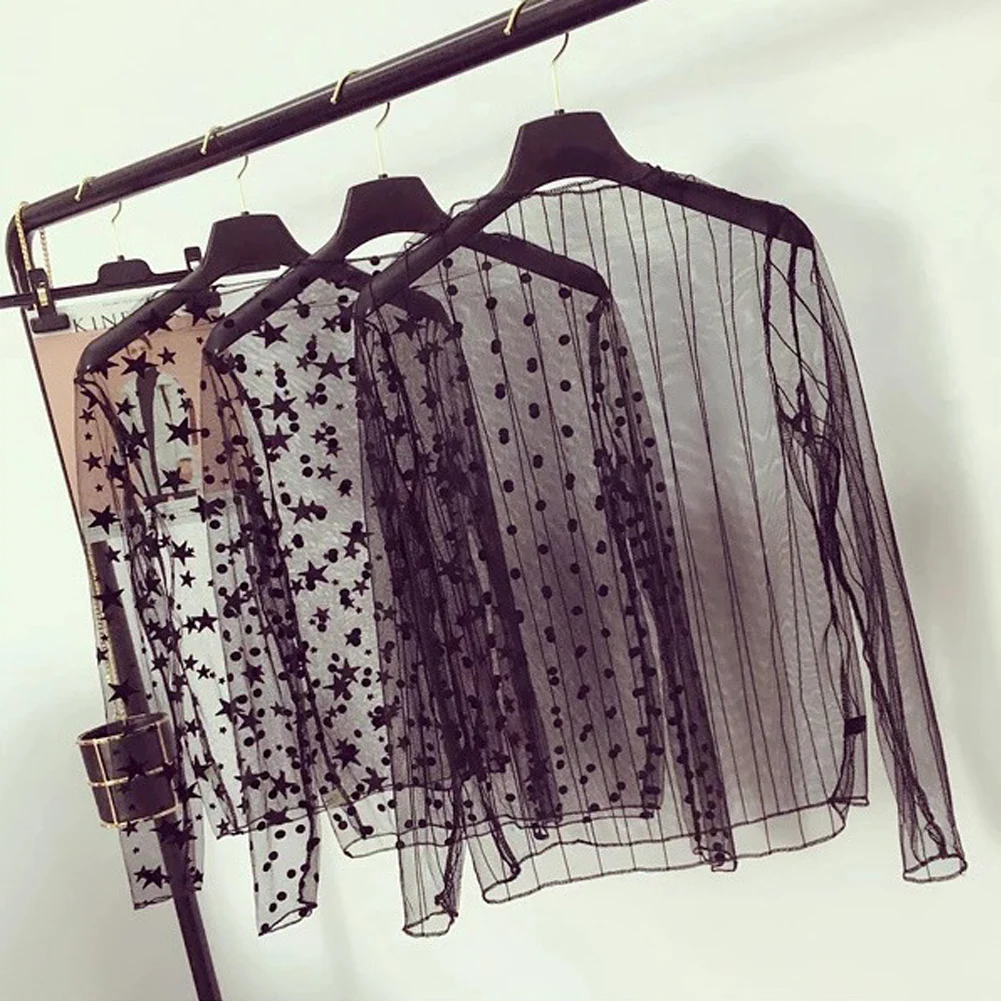 Fashion Brand New Hot Sexy Long Sleeve See Through Mesh Fishnet Casual Top Tee Shirt Sheer Black Lace Star Dots Tops Women 2023