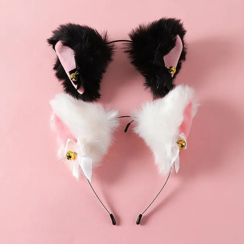 Fashion Fox Cat Ear Hair Band Popular Plush Cat Ear Headband Black White Soft Hairband with Bells Party Cosplay Hair Accessories