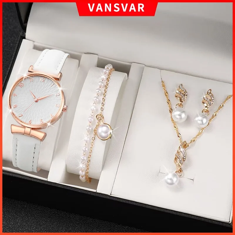 Fashion Leather Band Women Watches Ladies Pearls Jewelry Set