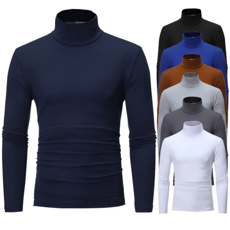 Fashion Men’s Casual Slim Fit Basic Turtleneck High Collar Pullover Male Autumn Spring Thin Tops Basic Bottoming Plain T-shirt