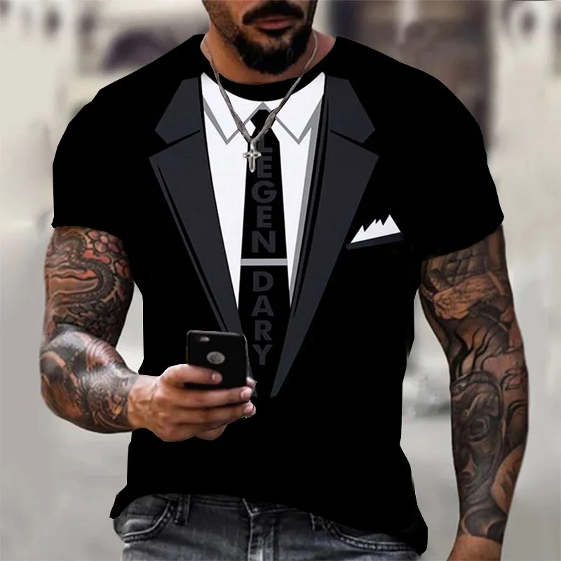 Fashion Men’s T-shirts 3d Print Suit And Tie Pattern Plain Short Sleeved T-shirt For Men’s Clothing High Street Streetwear Tops