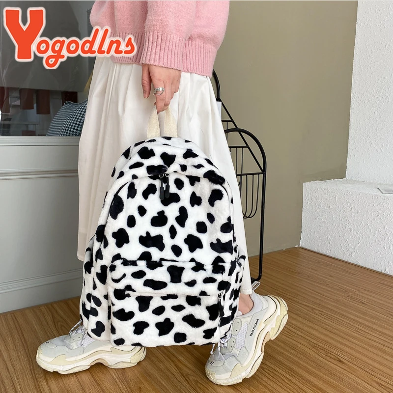 Fashion Plush Backpack For Women Large Capacity Girl School Bag Cute Cow Pattern Rucksack Winter New Travel Knapsack