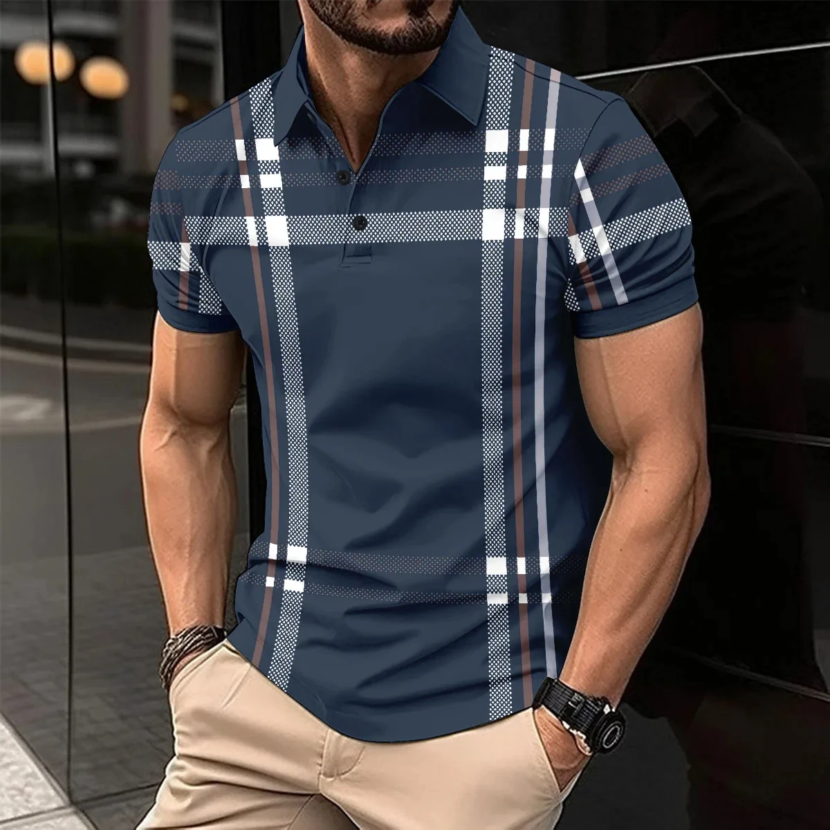 Fashion Striped Men’s Polo Shirt Line Summer Short Sleeve Tops Business Casual Clothing Lapel Button Zipper Polo Shirt For Man