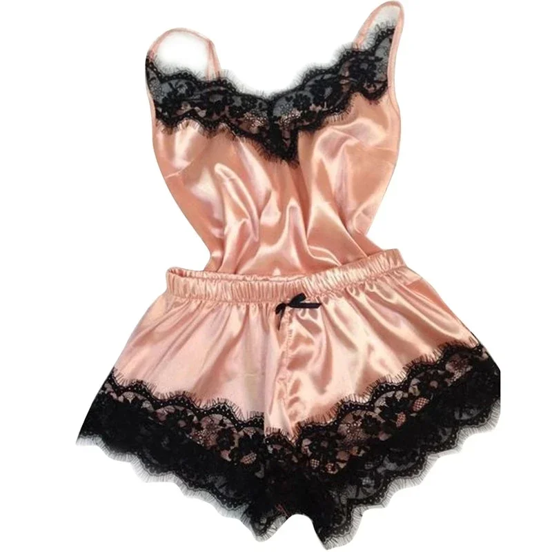 Fashion Women Pajama Suit V-Neck Stretch Satin Babydoll Lace Sexy Lingerie Bowknot Pyjamas Sleep Shorts Set Sleepwear