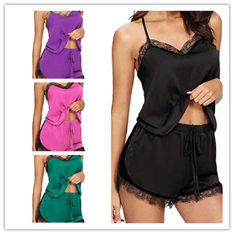 Fashion Women Pajama Suit V-Neck Stretch Satin Babydoll Lace Sexy Lingerie Bowknot Pyjamas Sleep Shorts Set Sleepwear