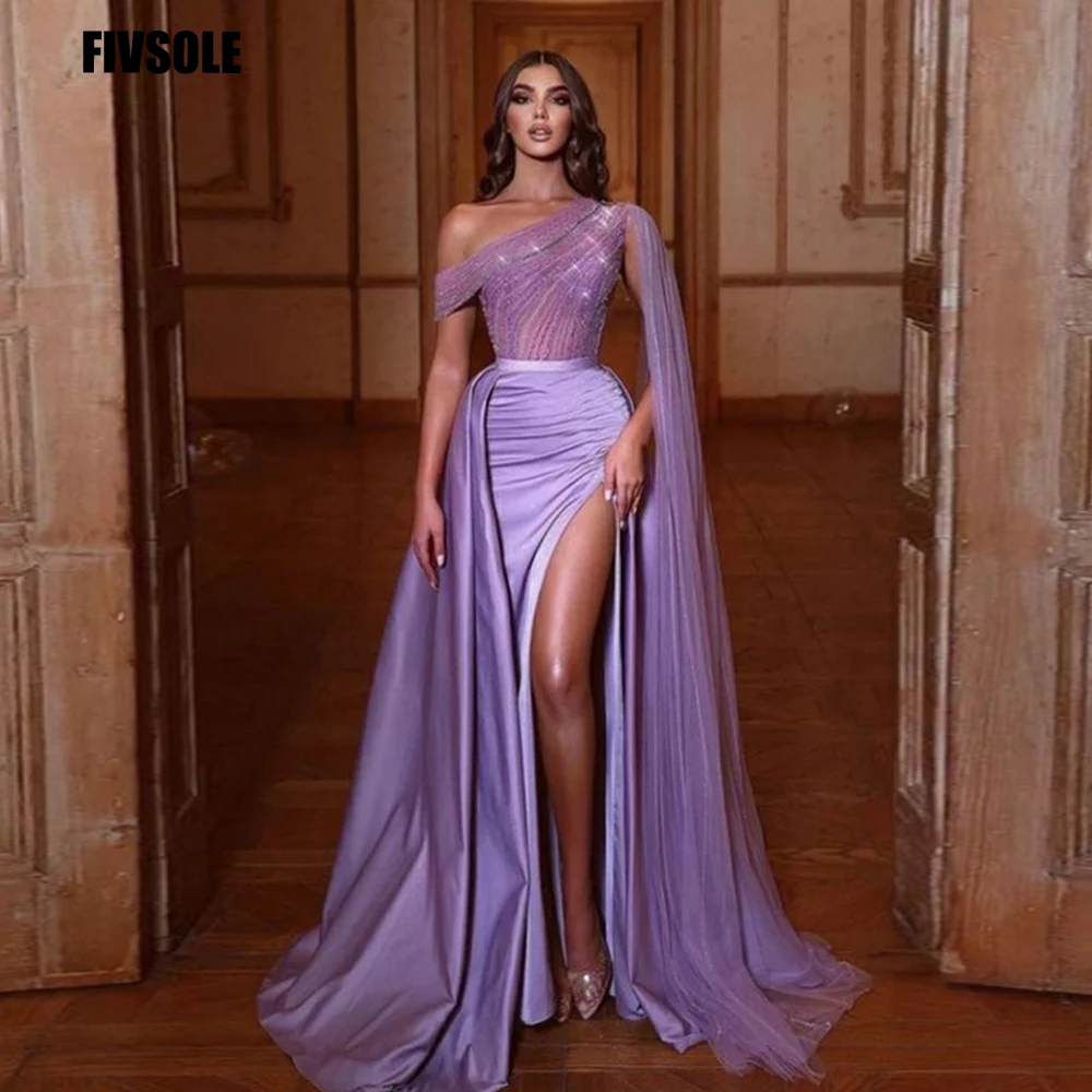 Fivsole Glitter Lilac Tulle Prom Dresses Sexy Beach Formal Evening Gowns One Shoulder Long Cape Special Occasion Party Dresses