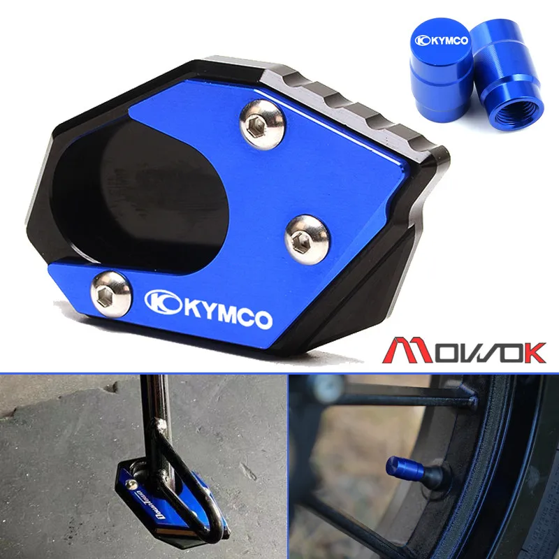 For KYMCO Downtown 300 300i 350i 200i Xciting 250 400 Motorcycle Kickstand Foot Side Stand Extension Pad Plate Tire Valve Cap