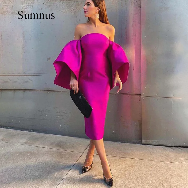 Fuchsia Satin Midi Evening Dress Strapless Flared Sleeve Prom Gown Formal Women Special Occasion Party Dresses Robe de Soiree