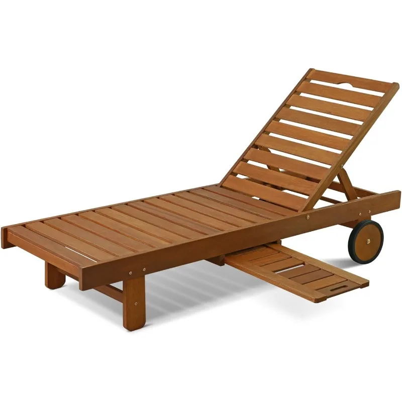 Furinno Tioman Outdoor Hardwood Patio Furniture Sun Lounger with Tray in Teak Oil, Natural 23.52D x 70W x 12H in