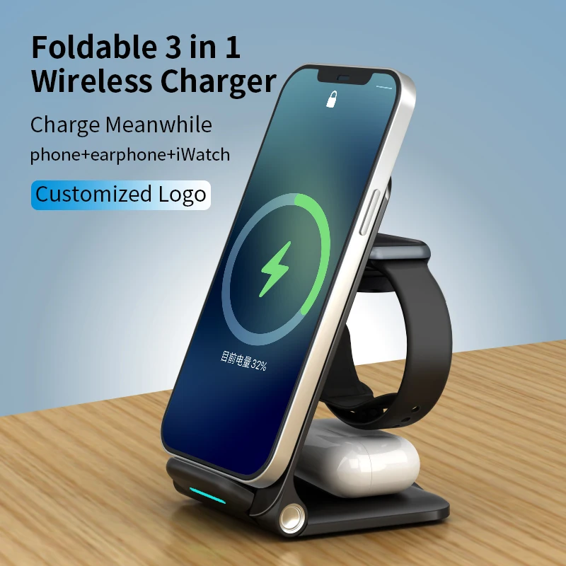 GTIMLMC 3 in 1 Wireless Charger Foldable 3in1 Phone Stand 15W Fast Charging Station for iPhone 15 Samsung Galaxy S24 Xiaomi 14