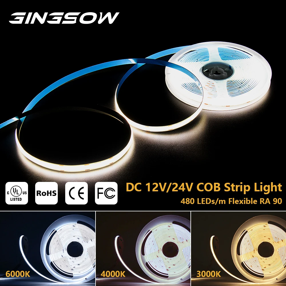 Gingsow 5/10M COB LED Strip Light DC 12/24V 320 480 LEDs/M High Density Flexible UL Listed Warm/Cool White RA90 Tape Ribbon