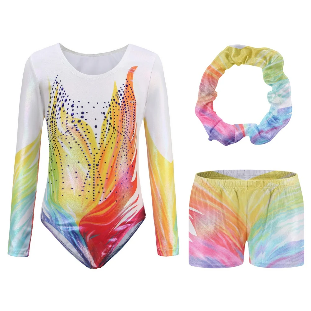 Girls Dance Ballet Leotards Gymnastics Suit Fashion Gradient Gilding Rhinestone Inlay Bodysuit With Shorts And Headbands Outfit