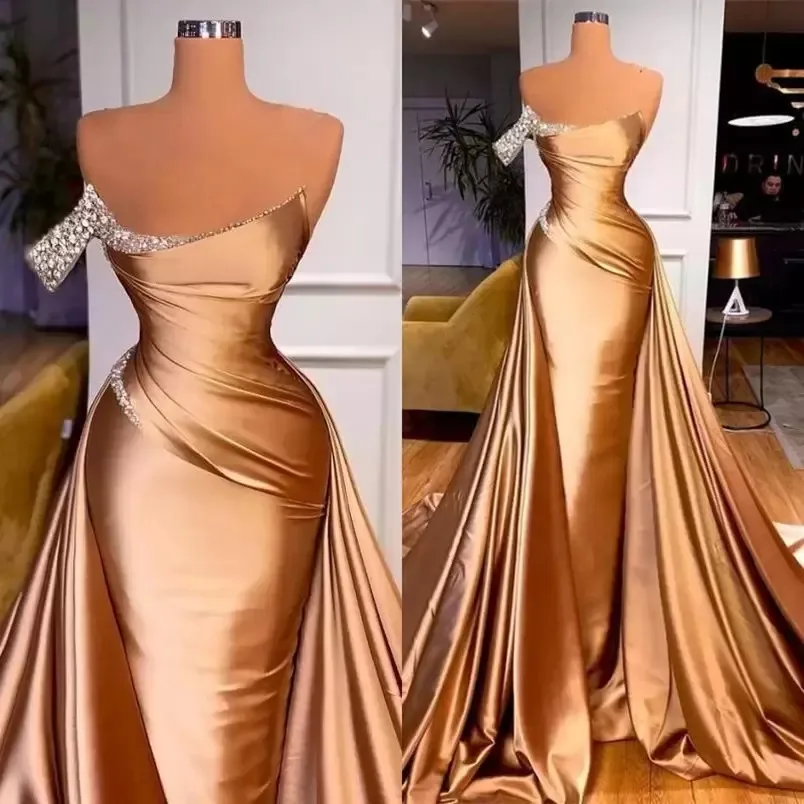 Gold Chic One Shoulder Crystals Mermaid Prom Dresses 2023 Sexy Backless Evening Formal Party Occasion Gowns Robe De Soirée Femme